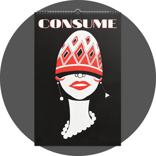 un4rt - the image shows a calendar site with a black backround and an illustration of the head of a 1920´s model in red and white. the model´s eyes are covered with a cap. the title of the image says: "consume".