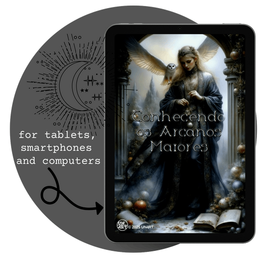 UN4RT - imagem de um tablet com a capa do e-book Arcanos Maiores, dentro de um circulo com o simbolo de um sol e uma lua com estrelas em estilo minimalista