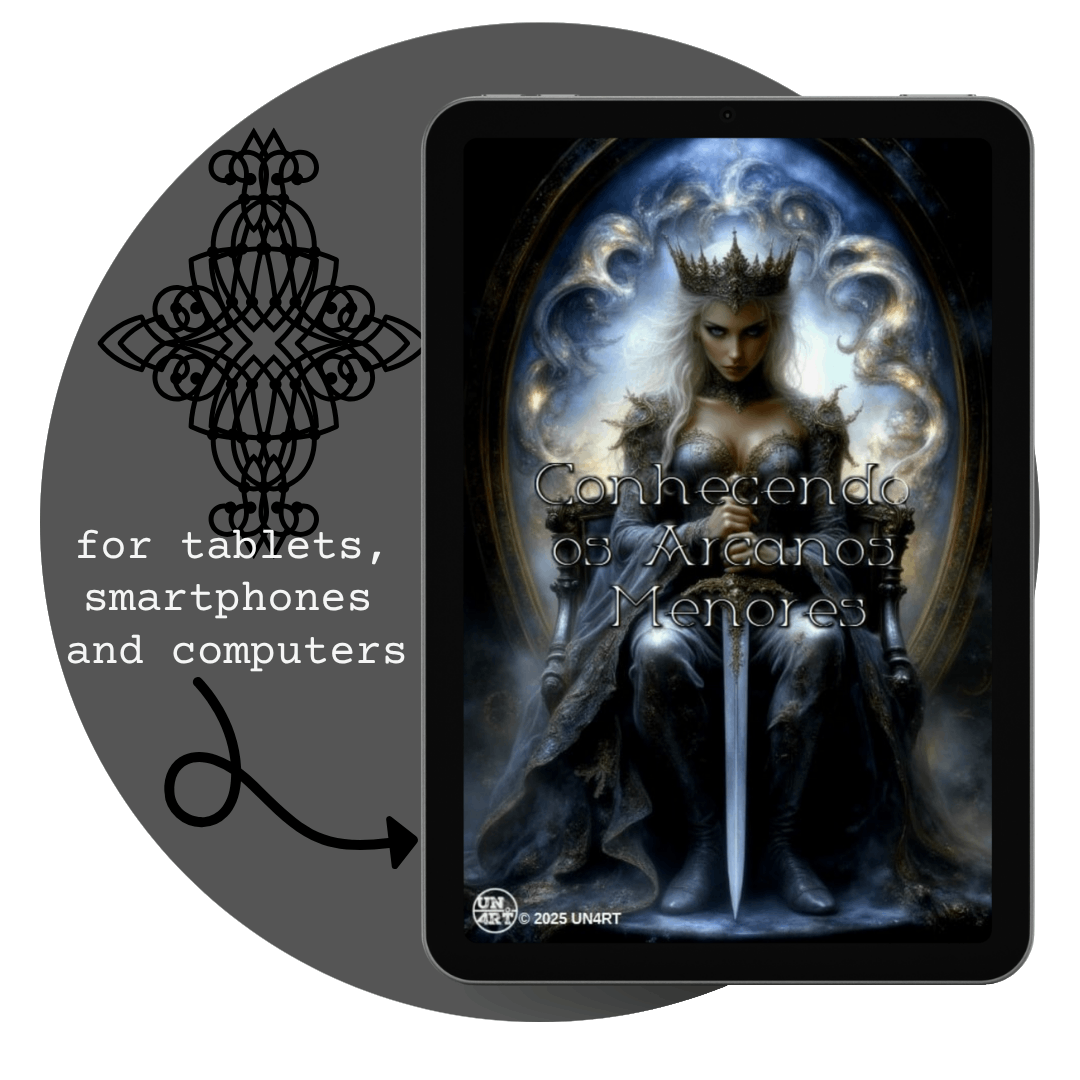 UN4RT - imagem de um tablet com a capa do e-book Arcanos Menores, dentro de um circulo com o um símbolo gótico