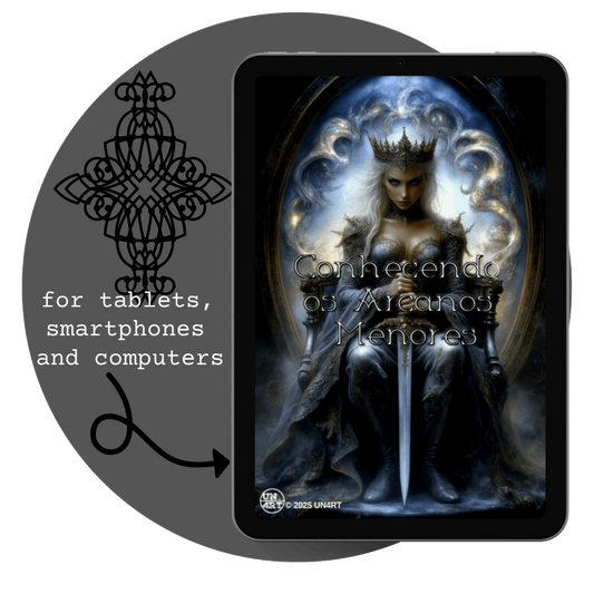 UN4RT - imagem de um tablet com a capa do e-book Arcanos Menores, dentro de um circulo com o um símbolo gótico