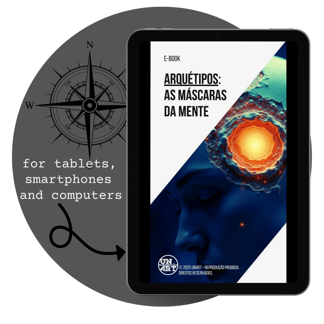 UN4RT - imagem de um tablet com a capa do e-book Arquétipos: As Máscaras da Mente, dentro de um circulo com o simbolo da rosa-dos-ventos