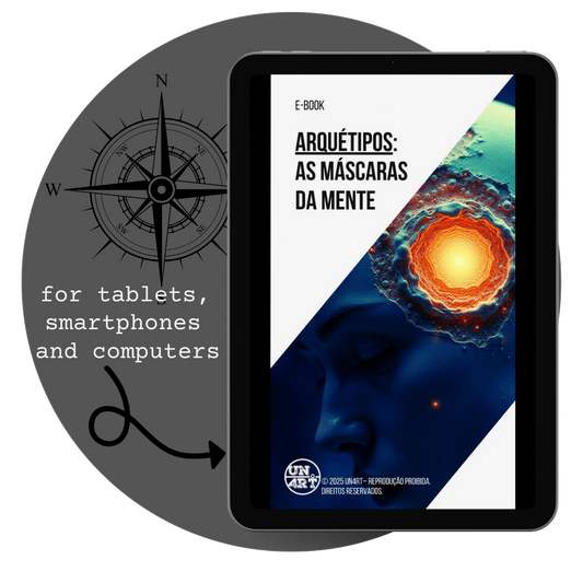 UN4RT - imagem de um tablet com a capa do e-book Arquétipos: As Máscaras da Mente, dentro de um circulo com o simbolo da rosa-dos-ventos