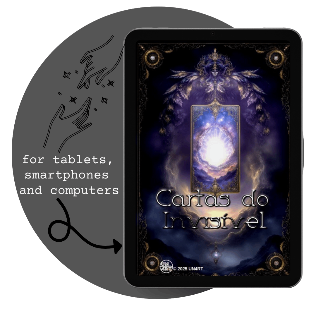UN4RT - imagem de um tablet com a capa do ebook "Cartas do Invisível" dentro de um círculo cinza com o desenho de duas mãos em meio a estrelas