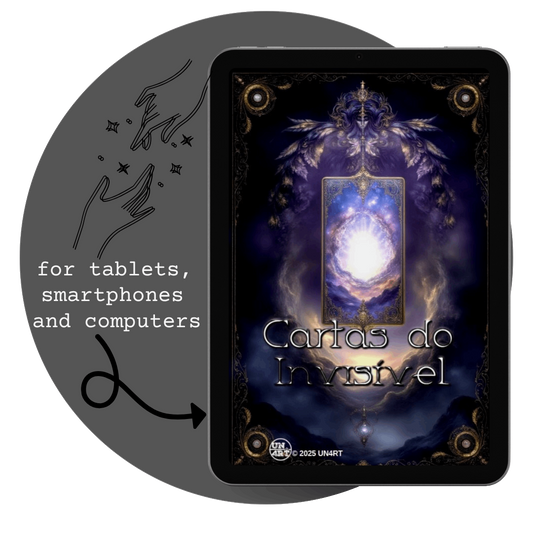 UN4RT - imagem de um tablet com a capa do ebook "Cartas do Invisível" dentro de um círculo cinza com o desenho de duas mãos em meio a estrelas