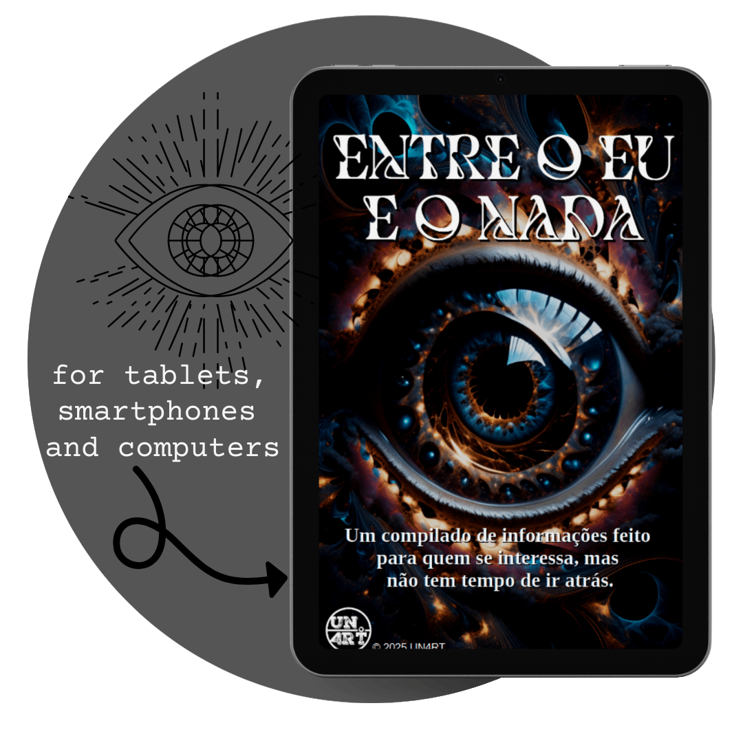 UN4RT - imagem de um tablet com a capa do e-book Entre o Eu e o Nada, dentro de um circulo com o simbolo de um olho
