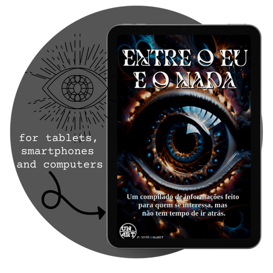 UN4RT - imagem de um tablet com a capa do e-book Entre o Eu e o Nada, dentro de um circulo com o simbolo de um olho