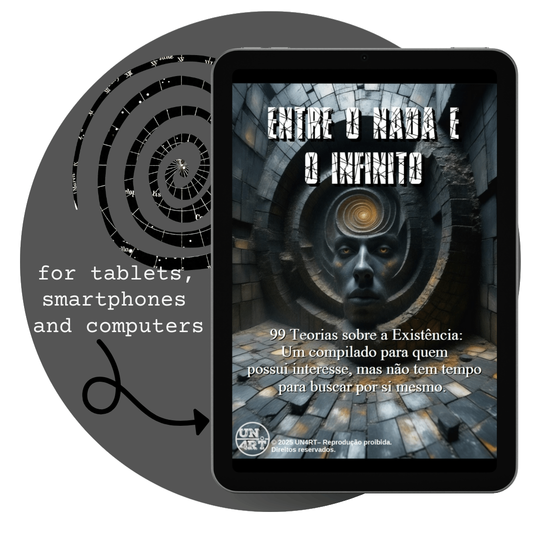 UN4RT - imagem de um tablet com a capa do e-book Entre o Nada e o Infinito, dentro de um circulo com uma espiral