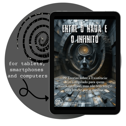 UN4RT - imagem de um tablet com a capa do e-book Entre o Nada e o Infinito, dentro de um circulo com uma espiral