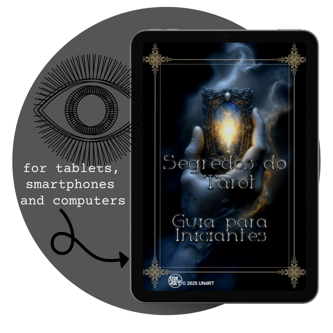 UN4RT - imagem de um tablet com a capa do e-book Segredos do Tarot Guia para Iniciantes, dentro de um circulo com o simbolo de um olho
