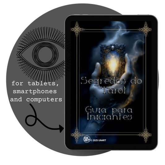 UN4RT - imagem de um tablet com a capa do e-book Segredos do Tarot Guia para Iniciantes, dentro de um circulo com o simbolo de um olho