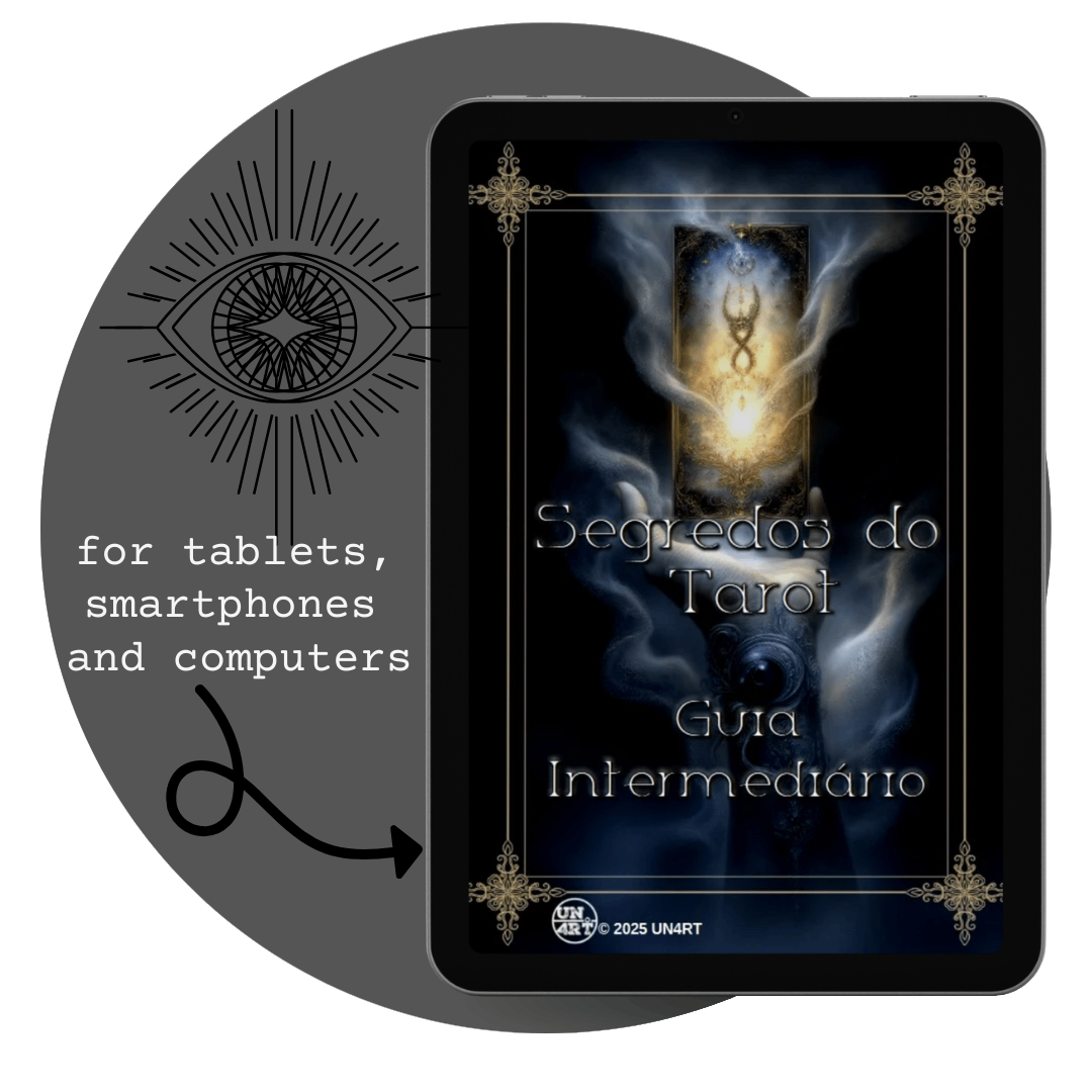 UN4RT - imagem de um tablet com a capa do e-book Segredos do Tarot Guia Intermediário, dentro de um circulo com o simbolo de um olho