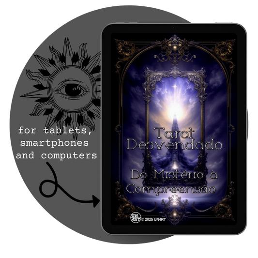 UN4RT - imagem de um tablet com a capa do e-book Tarot Desvendado, dentro de um circulo com o símbolo de um sol e um olho