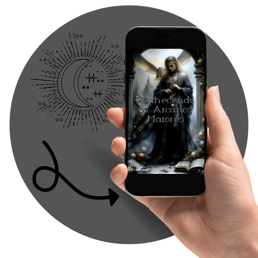 UN4RT - imagem de uma mão feminina segurando um smarthphone com a capa do e-book Arcanos Maiores, dentro de um circulo com o simbolo de um sol e uma lua com estrelas em estilo minimalista
