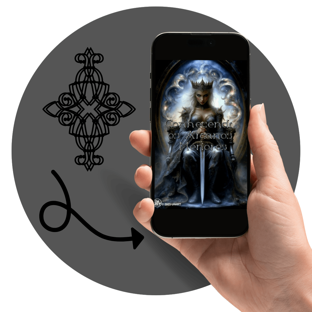 UN4RT - imagem de uma mão feminina segurando um smarthphone com a capa do e-book Arcanos Menores, dentro de um circulo com o um símbolo gótico