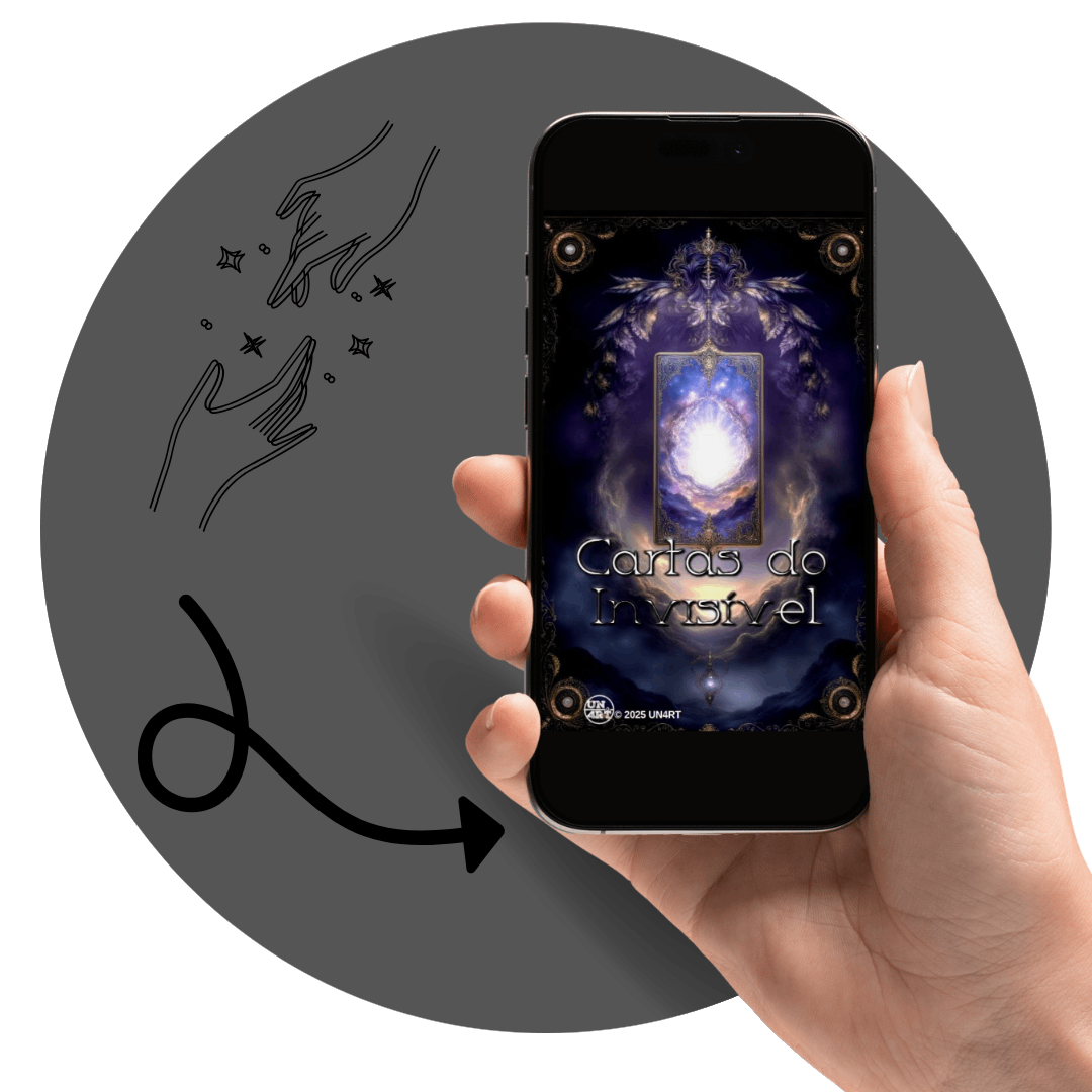 UN4RT - imagem de um smartphone segurado por uma mão feminina na tela do smartphone está a capa do ebook "Cartas do Invisível" dentro de um círculo cinza com o desenho de duas mãos em meio a estrelas