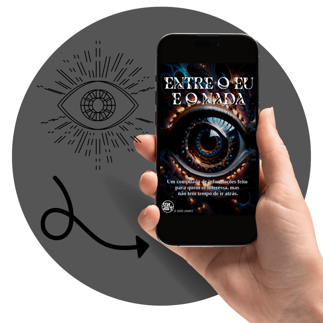 UN4RT - imagem de um celular sendo segurado por uma mão feminina, na tela do celular está a capa do e-book Entre o Eu e o Nada, dentro de um circulo com o simbolo de um olho