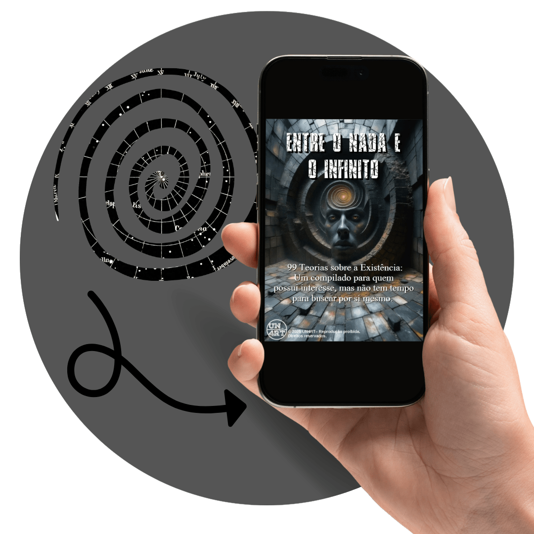 UN4RT - imagem de um celular segurado por uma mão feminina, na tela do celular está a imagem de capa do e-book Entre o Nada e o Infinito, dentro de um circulo com uma espiral