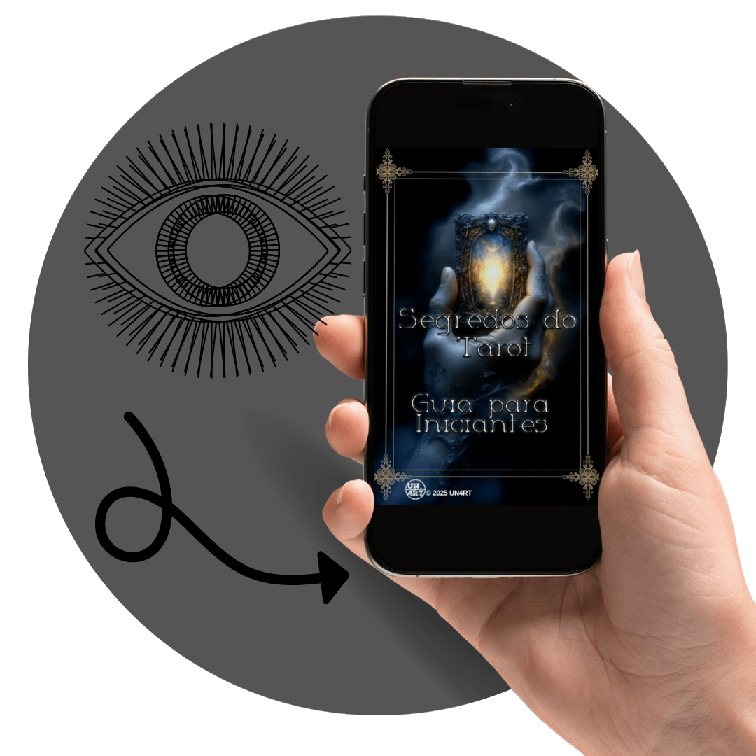 UN4RT - imagem de um celular com a capa do e-book Segredos do Tarot Guia para Iniciantes, dentro de um circulo com o simbolo de um olho