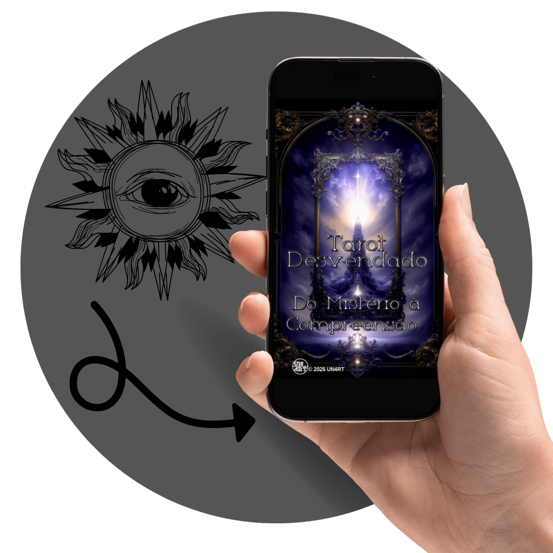 UN4RT - imagem de uma mão segurando um segurando um Smartphone com a capa do e-book Tarot Desvendado, dentro de um circulo com o símbolo de um sol e um olho
