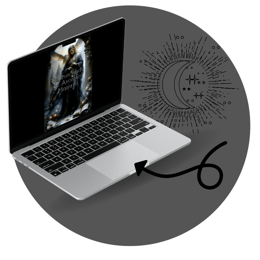 UN4RT - imagem de um notebook com a capa do e-book Arcanos Maiores, dentro de um circulo com o simbolo de um sol e uma lua com estrelas em estilo minimalista