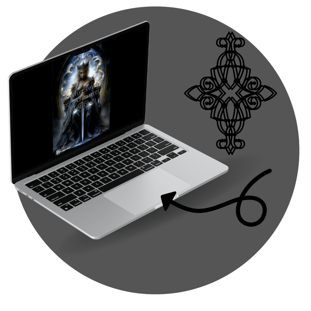 UN4RT - imagem de um notebook com a capa do e-book Arcanos Menores, dentro de um circulo com o um símbolo gótico