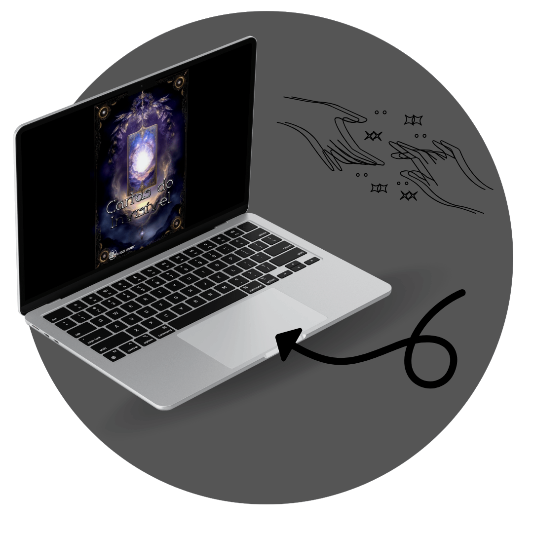 UN4RT - imagem de um notebook com a capa do ebook "Cartas do Invisível" dentro de um círculo cinza com o desenho de duas mãos em meio a estrelas
