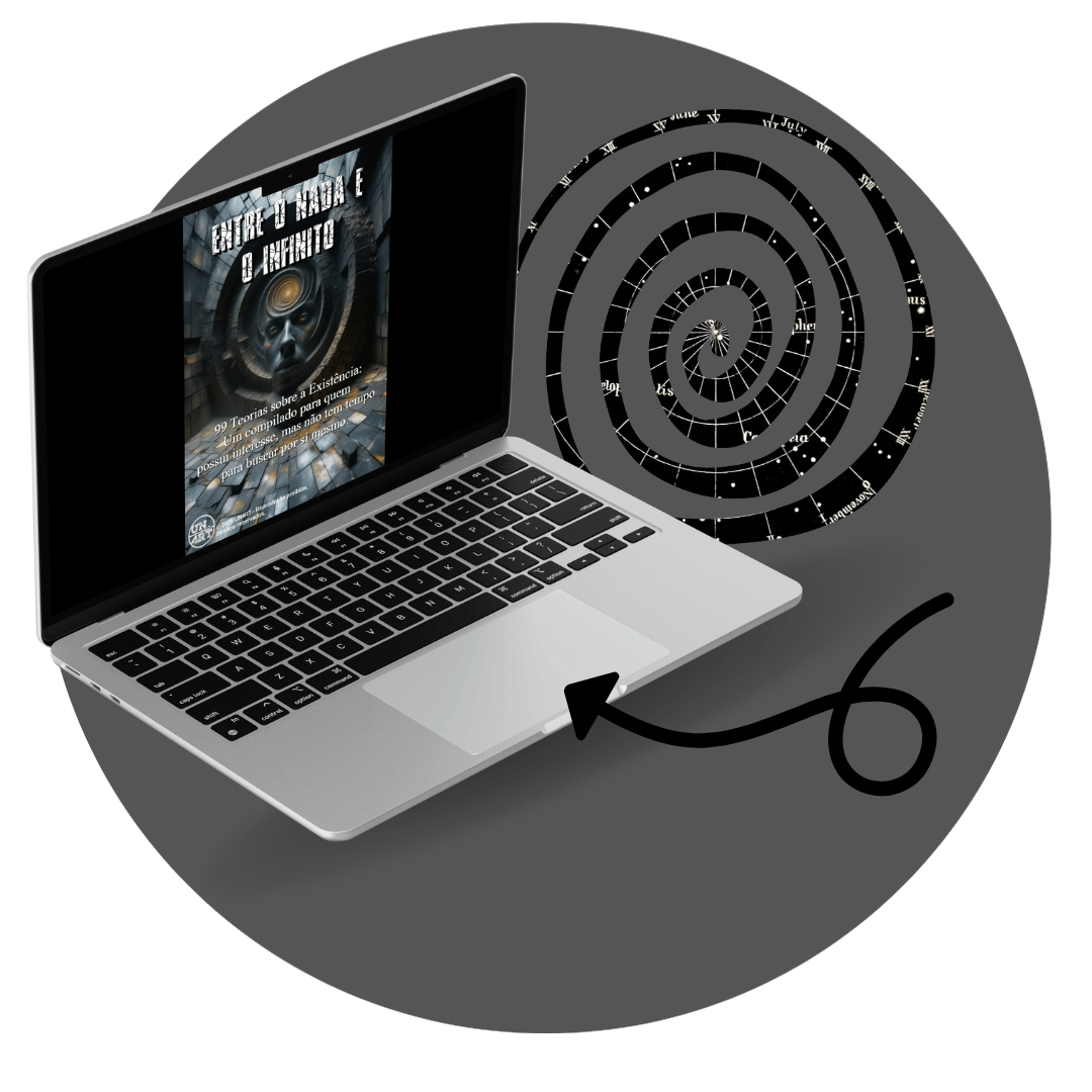 UN4RT - imagem de um notebook com a capa do e-book Entre o Nada e o Infinito, dentro de um circulo com uma espiral