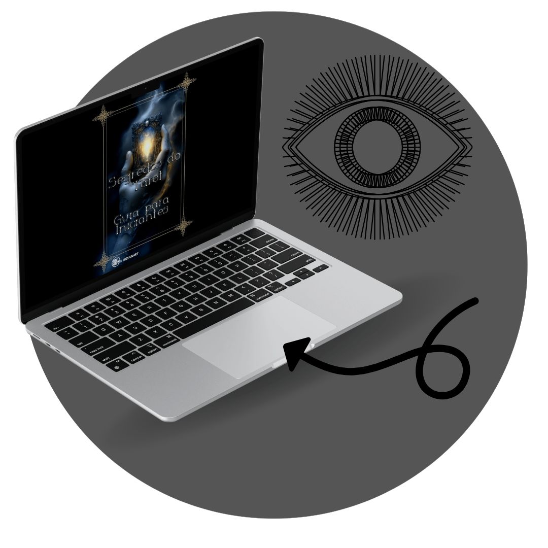 UN4RT - imagem de um laptop com a capa do e-book Segredos do Tarot Guia para Iniciantes, dentro de um circulo com o simbolo de um olho