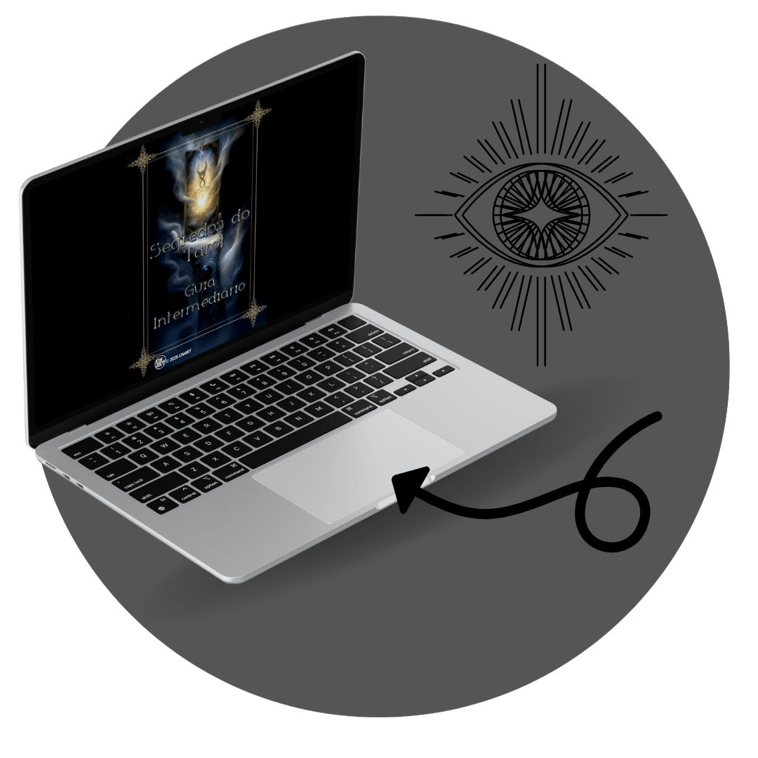 UN4RT - imagem de um laptop com a capa do e-book Segredos do Tarot Guia Intermediário, dentro de um circulo com o simbolo de um olho