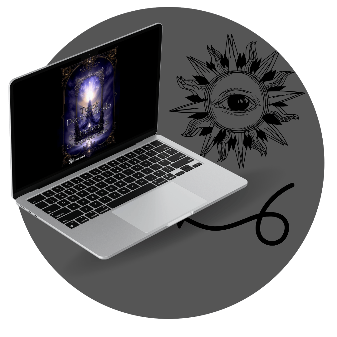 UN4RT - imagem de um notebook com a capa do e-book Tarot Desvendado, dentro de um circulo com o símbolo de um sol e um olho