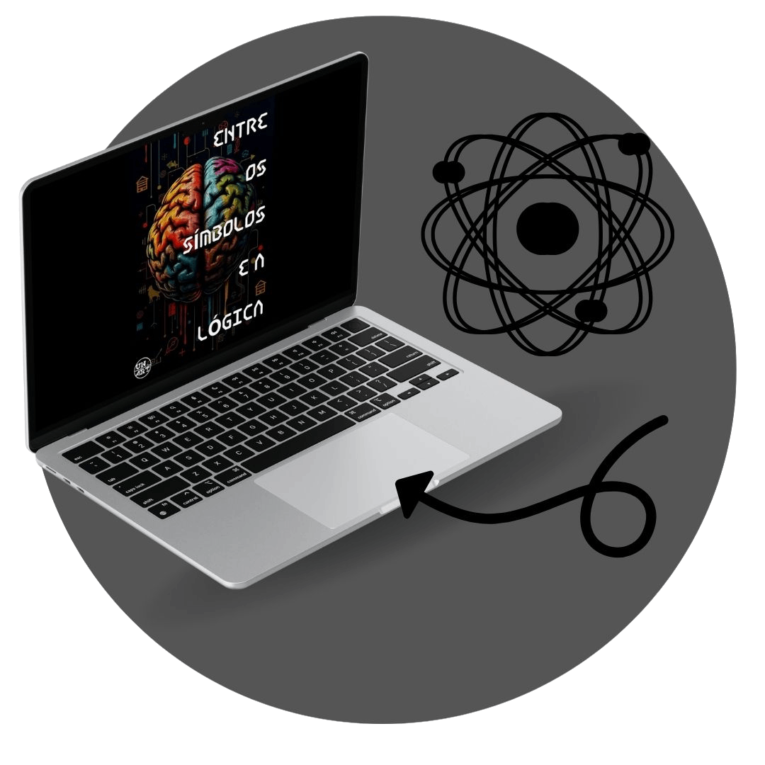UN4RT - imagem de um notebook com a capa do ebook "Entre os Símbolos e a Lógica" dentro de um círculo cinza com o desenho de um átomo