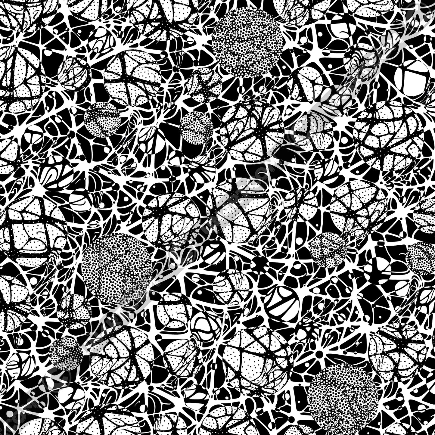 un4rt - the image shows a network of organically shaped white lines of different thicknesses on a black background. the image also shows many circles of different sizes. in some circles there are many small dots. the colours of the network are inverted within the circles and the small dots.