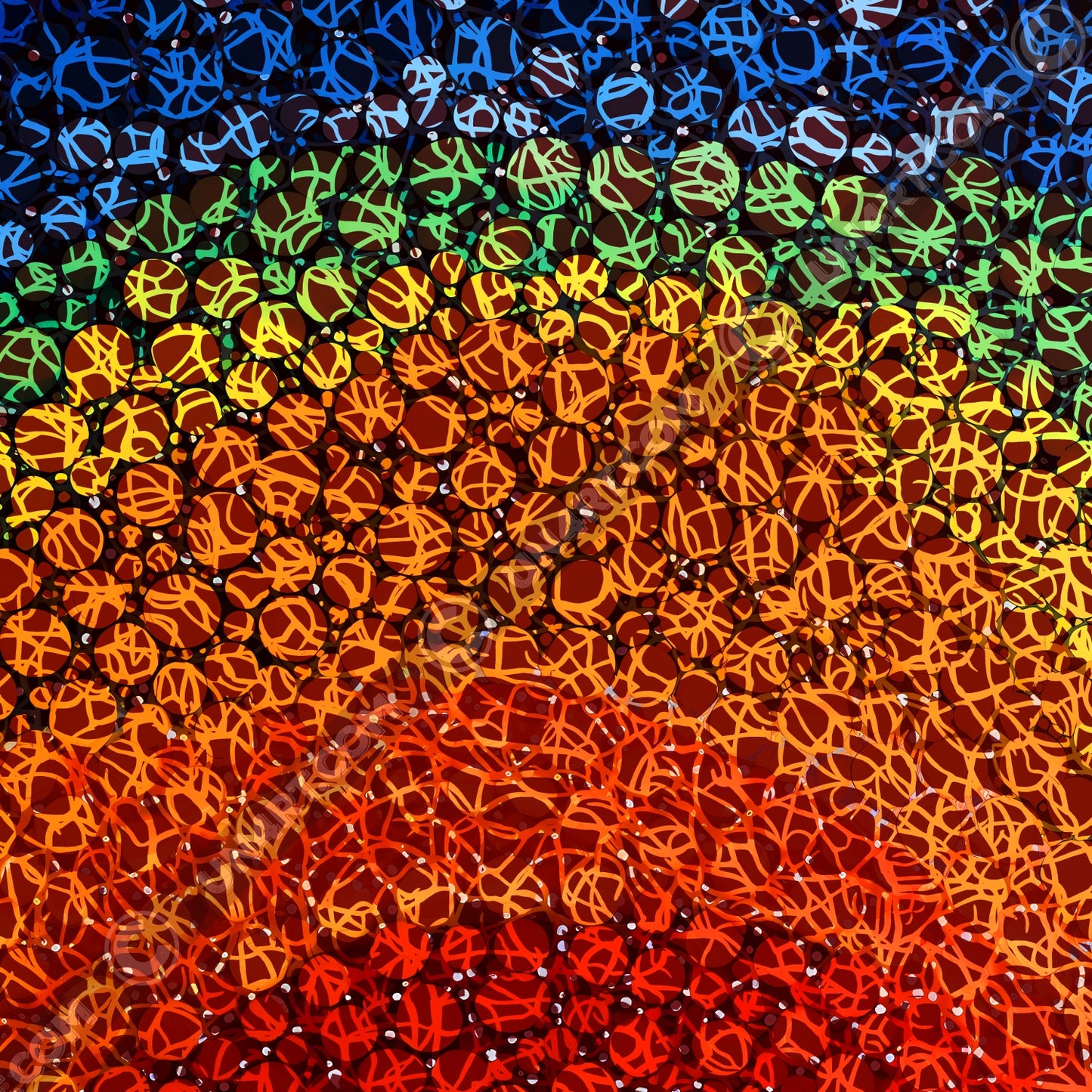 un4rt - the images shows circles in various sizes and various colors. the colors range from red at the bottom up to orange, yellow, green and blue at the top. a wild tangle of lines overlays the circles.