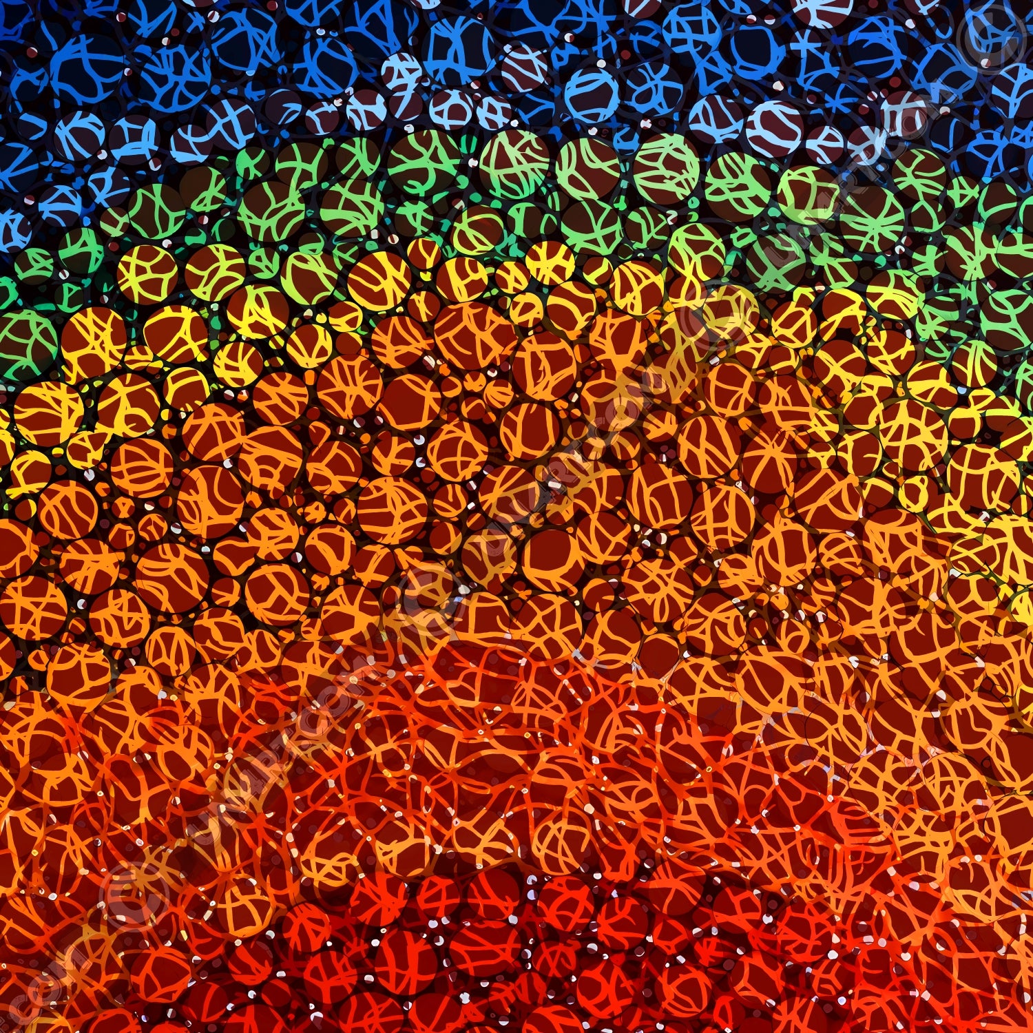 un4rt - the images shows circles in various sizes and various colors. the colors range from red at the bottom up to orange, yellow, green and blue at the top. a wild tangle of lines overlays the circles.