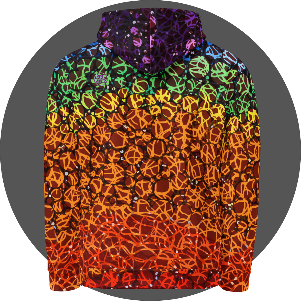 un4rt - the images shows the back of a hoodie with circles in various sizes and various colors. the colors range from red at the bottom up to orange, yellow, green, blue and purple at the top. a wild tangle of lines overlays the circles.