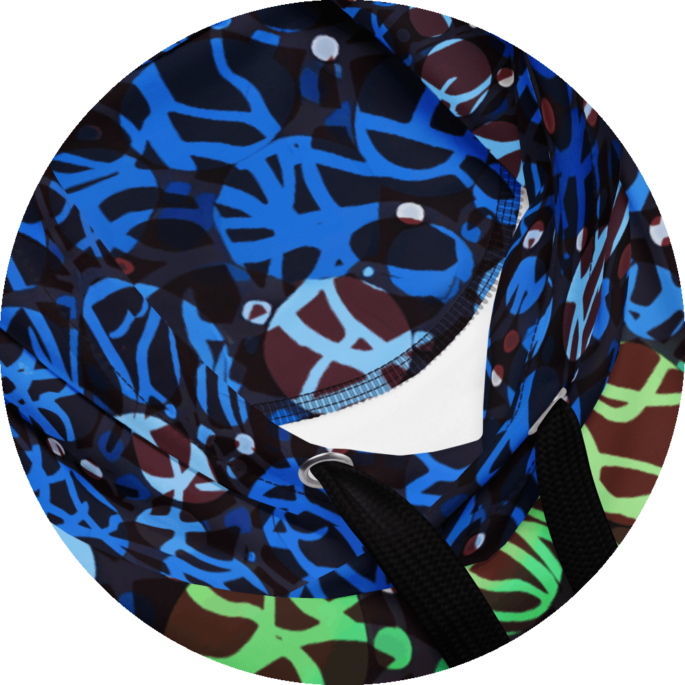 un4rt - the images shows details of a hoodie with circles in various sizes and various colors. the colors range from green to blue. a wild tangle of lines overlays the circles.