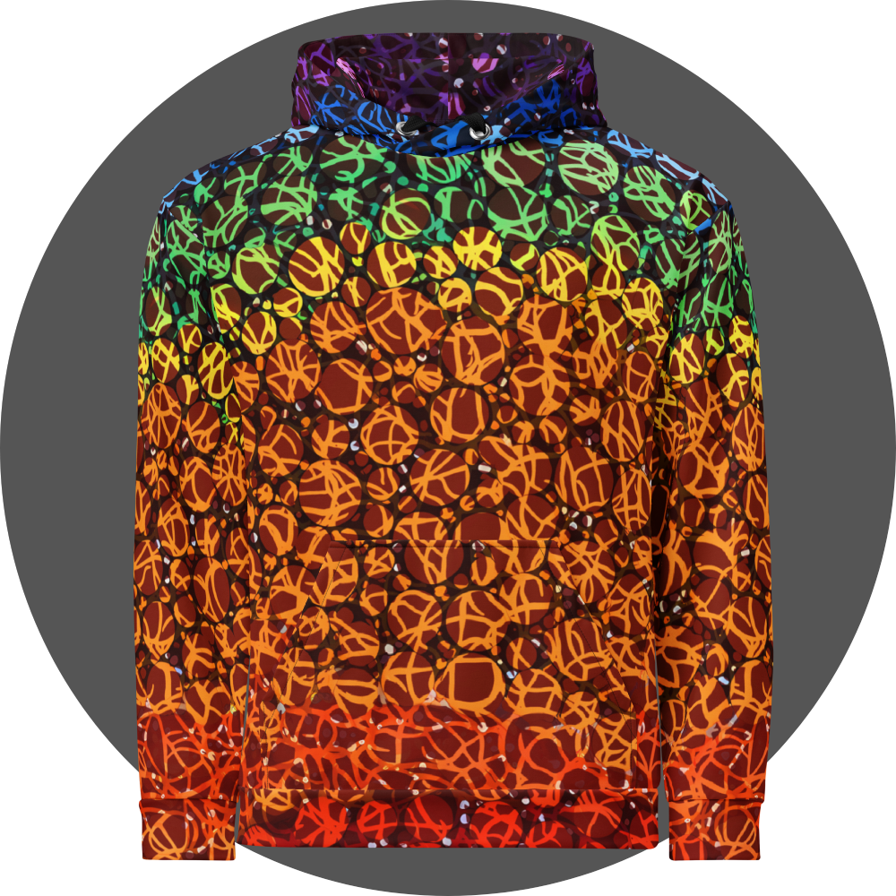 un4rt - the images shows the front of a hoodie with circles in various sizes and various colors. the colors range from red at the bottom up to orange, yellow, green, blue and purple at the top. a wild tangle of lines overlays the circles.