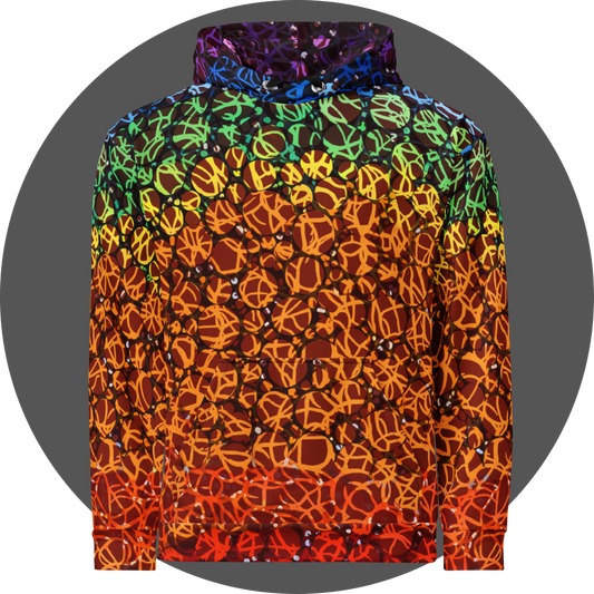 un4rt - the images shows the front of a hoodie with circles in various sizes and various colors. the colors range from red at the bottom up to orange, yellow, green, blue and purple at the top. a wild tangle of lines overlays the circles.