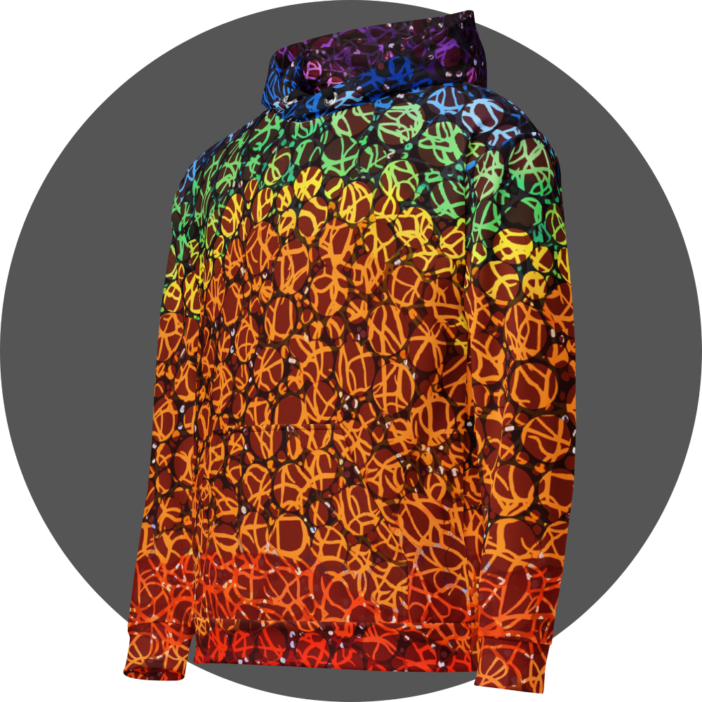 un4rt - the images shows the left front of a hoodie with circles in various sizes and various colors. the colors range from red at the bottom up to orange, yellow, green, blue and purple at the top. a wild tangle of lines overlays the circles.