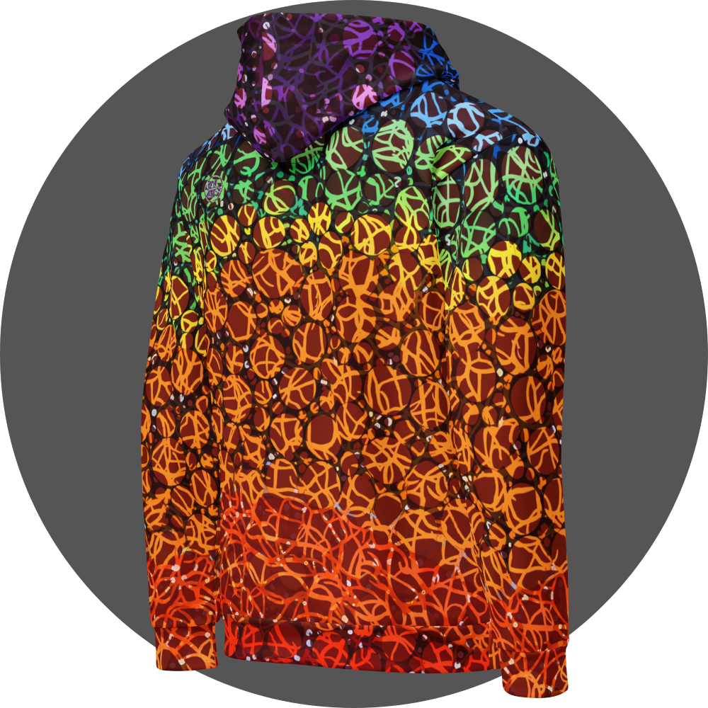 un4rt - the images shows the right back of a hoodie with circles in various sizes and various colors. the colors range from red at the bottom up to orange, yellow, green, blue and purple at the top. a wild tangle of lines overlays the circles.