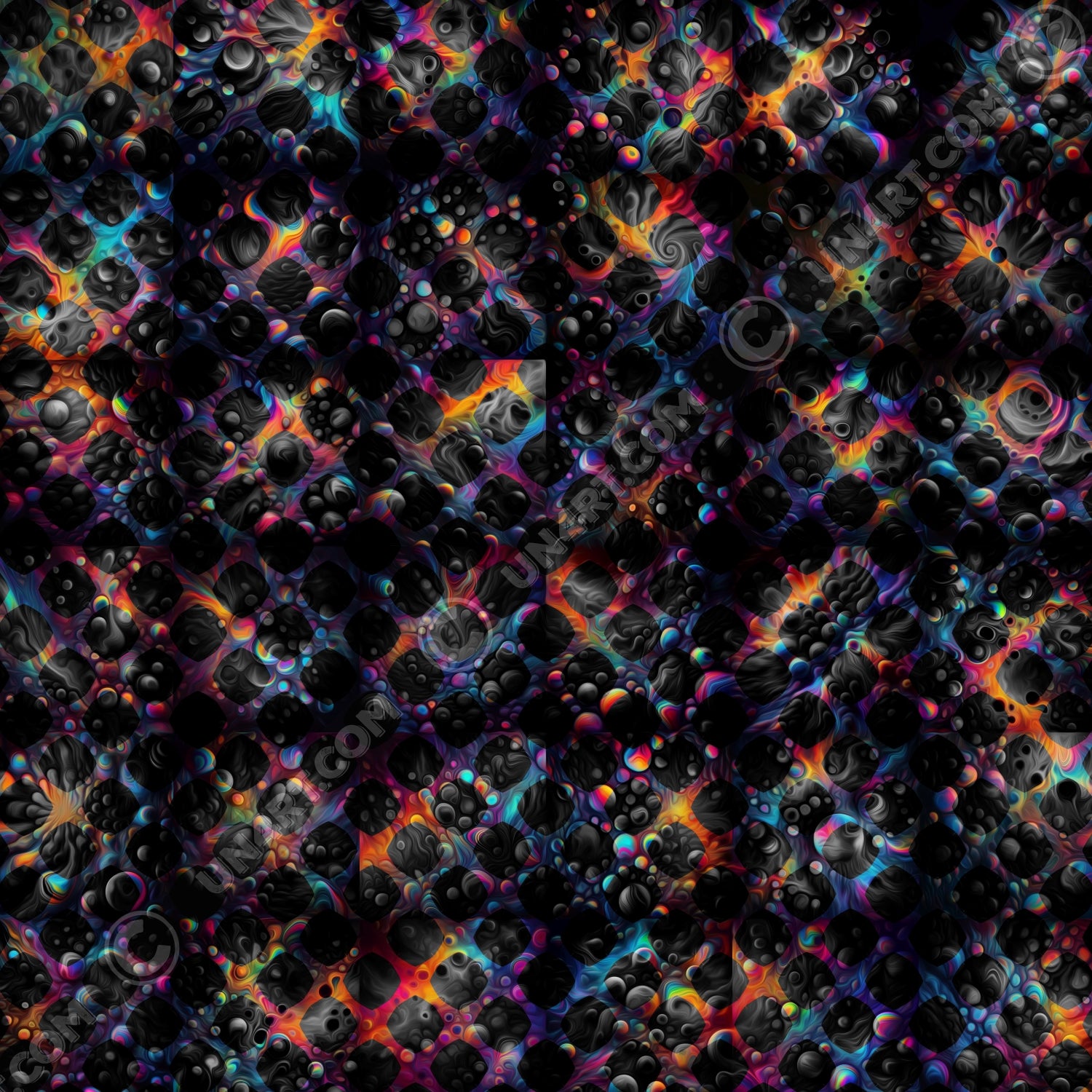 un4rt - the image shows 36 small images with bubbles and cosmic enery lines. these 36 images are arranged in 6 rows with 6 images in each row. all 36 images together create the backround. the background is overlayed by a grid pattern with rounded squares. the background images are colorfull (rainbow colors). the background shines through the whole grid, but inside the rounded squares of the grid the backround is black and white.