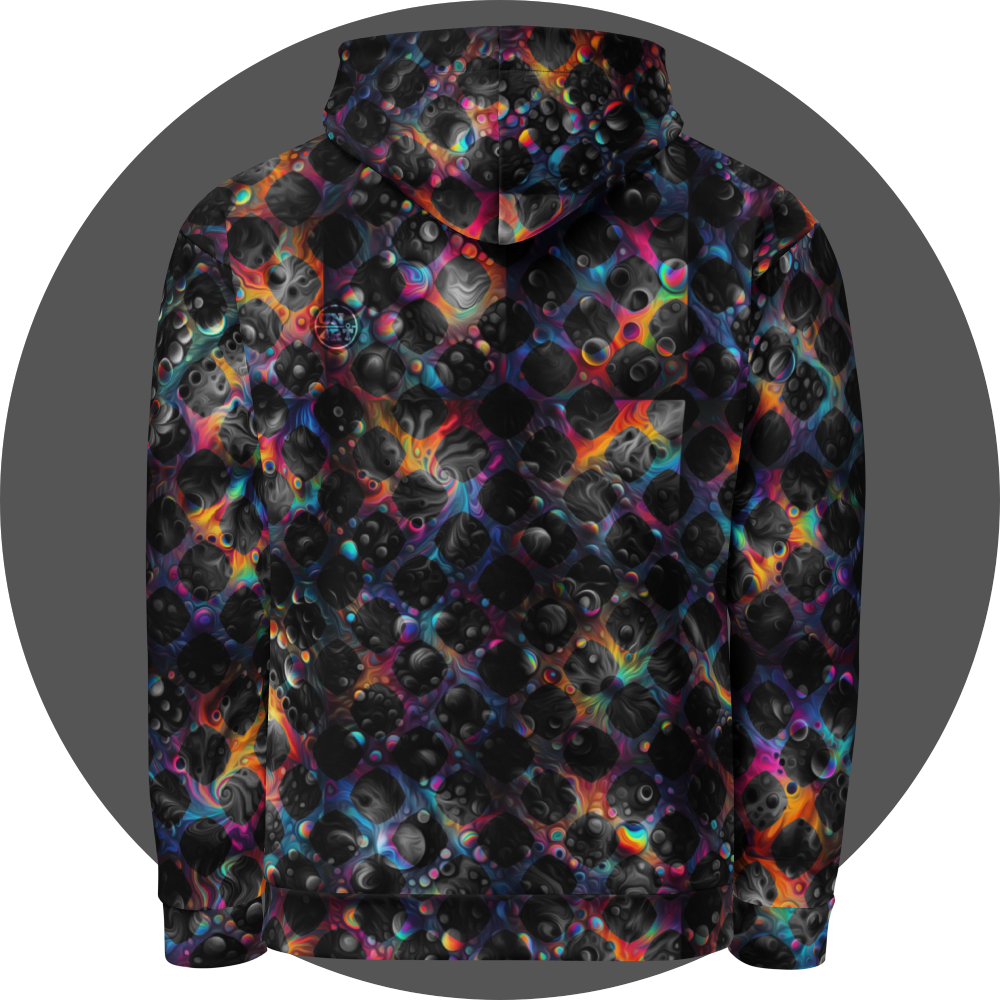 un4rt - the image shows the back of a hoodie with images with bubbles and cosmic enery lines in the background. the background is overlayed by a grid pattern with rounded squares. the background images are colorfull (rainbow colors). the background shines through the whole grid, but inside the rounded squares of the grid the backround is black and white.