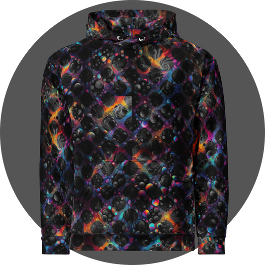 un4rt - the image shows the front of a hoodie with images with bubbles and cosmic enery lines in the background. the background is overlayed by a grid pattern with rounded squares. the background images are colorfull (rainbow colors). the background shines through the whole grid, but inside the rounded squares of the grid the backround is black and white.