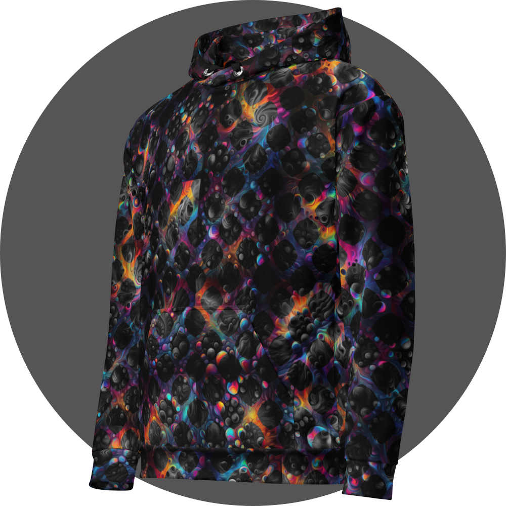 un4rt - the image shows the left front of a hoodie with images with bubbles and cosmic enery lines in the background. the background is overlayed by a grid pattern with rounded squares. the background images are colorfull (rainbow colors). the background shines through the whole grid, but inside the rounded squares of the grid the backround is black and white.