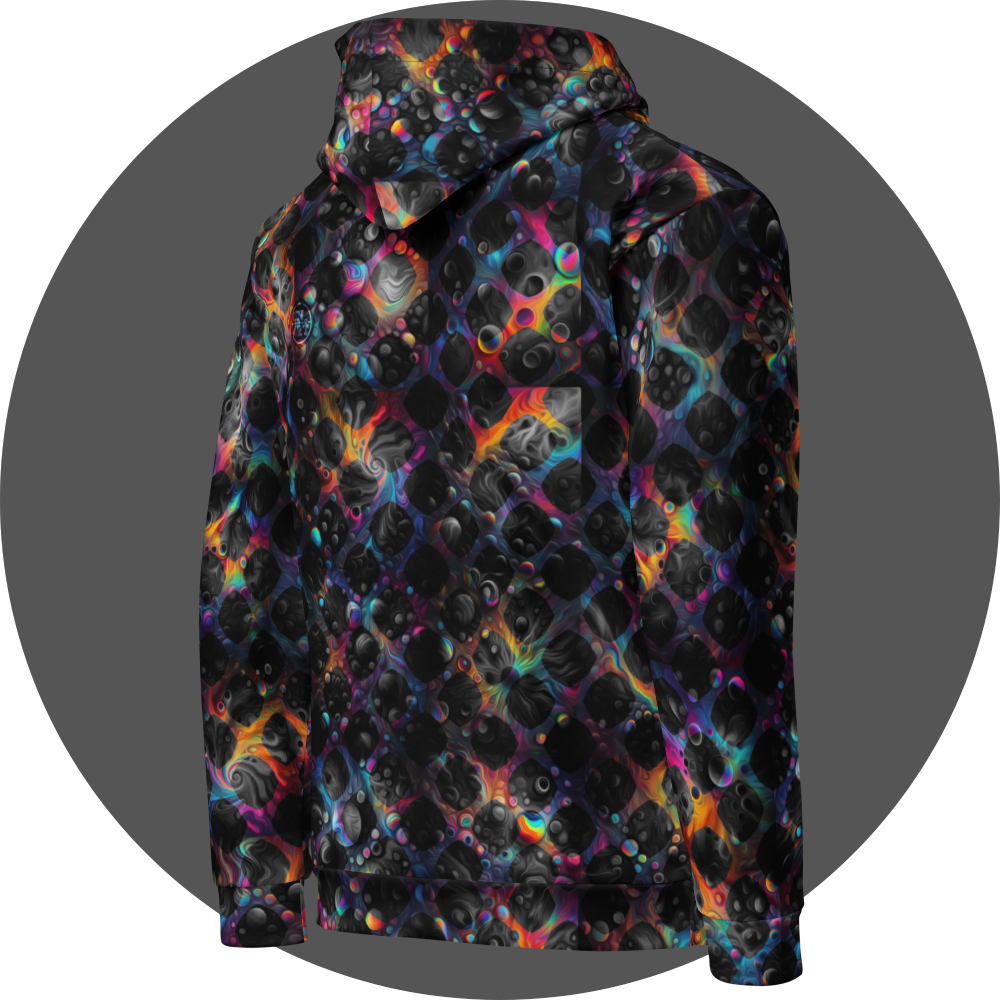 un4rt - the image shows the right back of a hoodie with images with bubbles and cosmic enery lines in the background. the background is overlayed by a grid pattern with rounded squares. the background images are colorfull (rainbow colors). the background shines through the whole grid, but inside the rounded squares of the grid the backround is black and white.