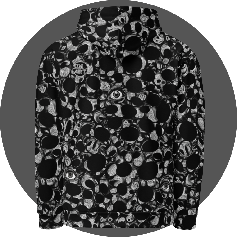 un4rt - the image shows the back of a hoodie with an abstract pattern of irregular black and white dots and circles. the white parts are structured like in an oil painting. the dots and circles are merging into each other. three eyes are integrated in the pattern. one eye in the center, two eyes at the bottom.