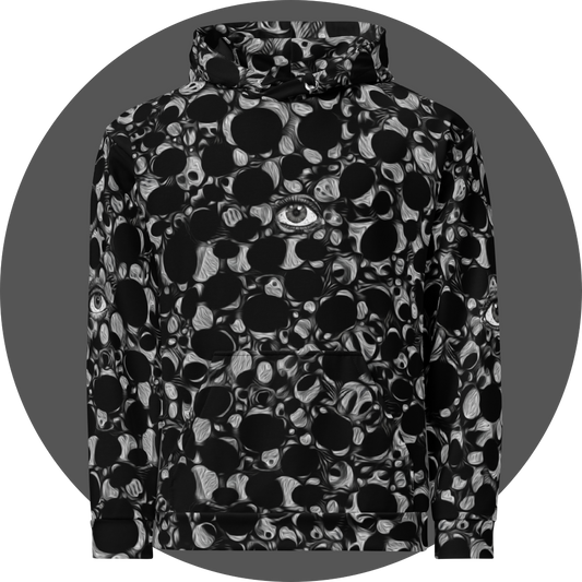 un4rt - the image shows the front of a hoodie with an abstract pattern of irregular black and white dots and circles. the white parts are structured like in an oil painting. the dots and circles are merging into each other. an eye is integrated in the center of the pattern.