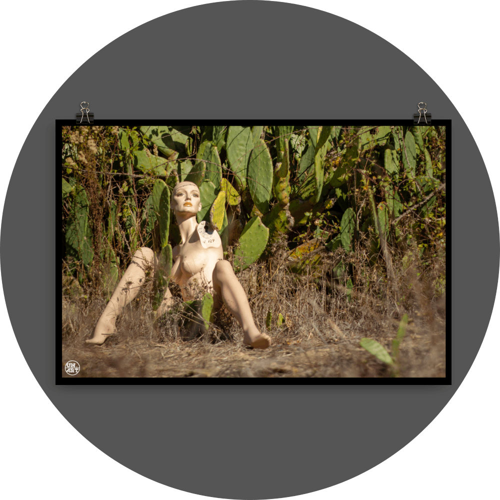un4rt - almost human gallery poster mockup picture with a mannequin sitting outdoor in in front of a huge cactus. dried gras on the ground.