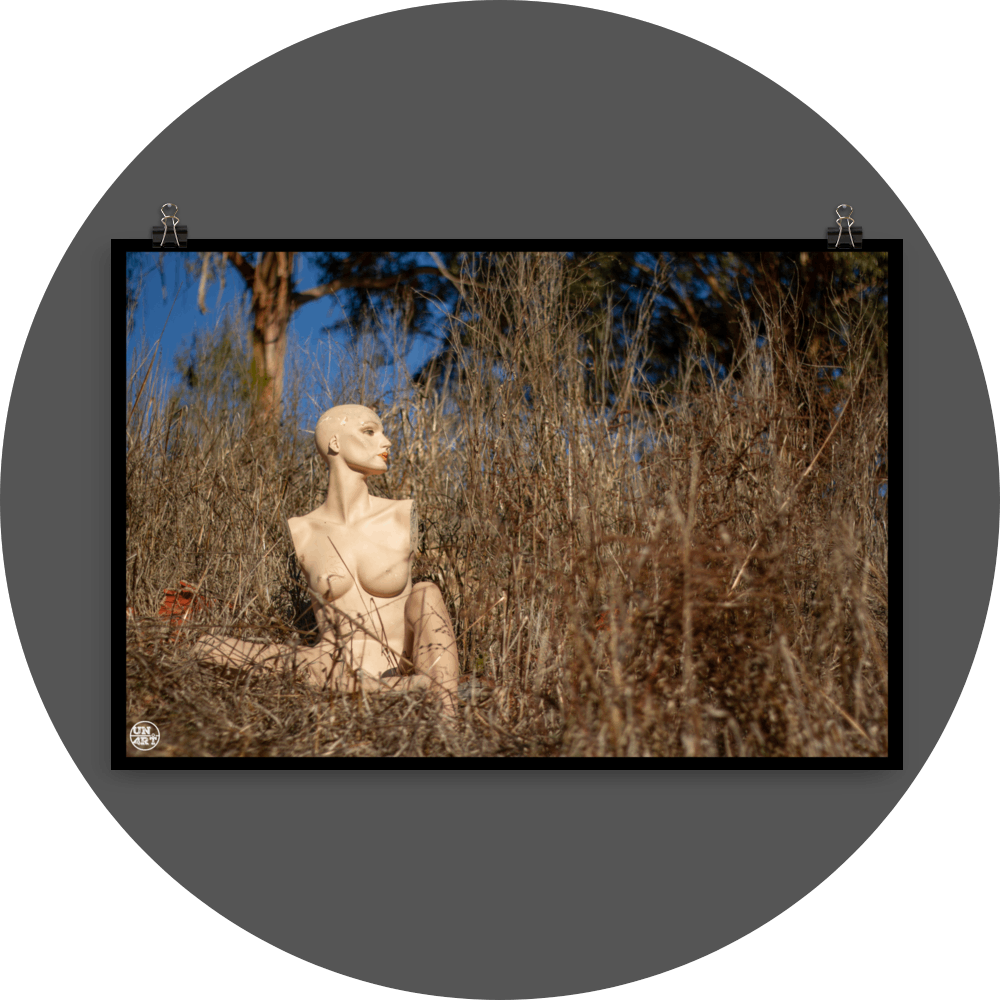 un4rt - almost human gallery poster mockup picture with a mannequin sitting outdoor in between very high and dried brown gras. some trees and blue sky in the background.
