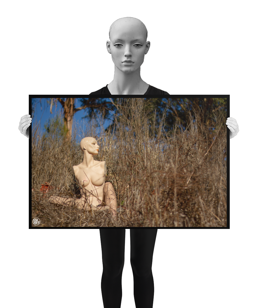 un4rt - almost human gallery poster mockup picture with a mannequin sitting outdoor in between very high and dried brown gras. some trees and blue sky in the background. the poster is held by a mannequin.